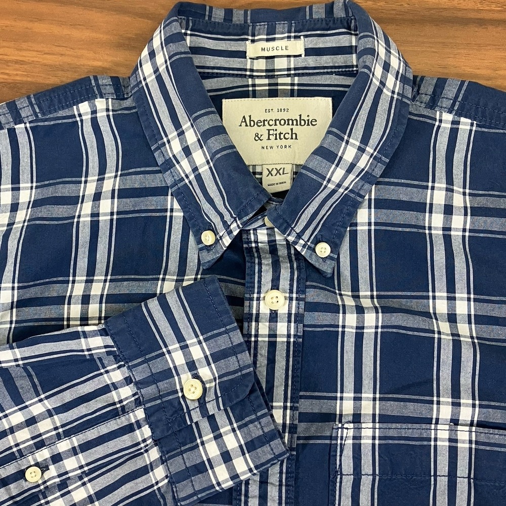Abercrombie &‎ Fitch Mens Blue & White Plaid MUSCLE Long Slv Button Dn Shirt XXL